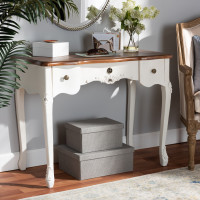 Baxton Studio 132050-White-Console Sophie Classic Traditional French Country White and Brown Finished Small 3-Drawer Wood Console Table